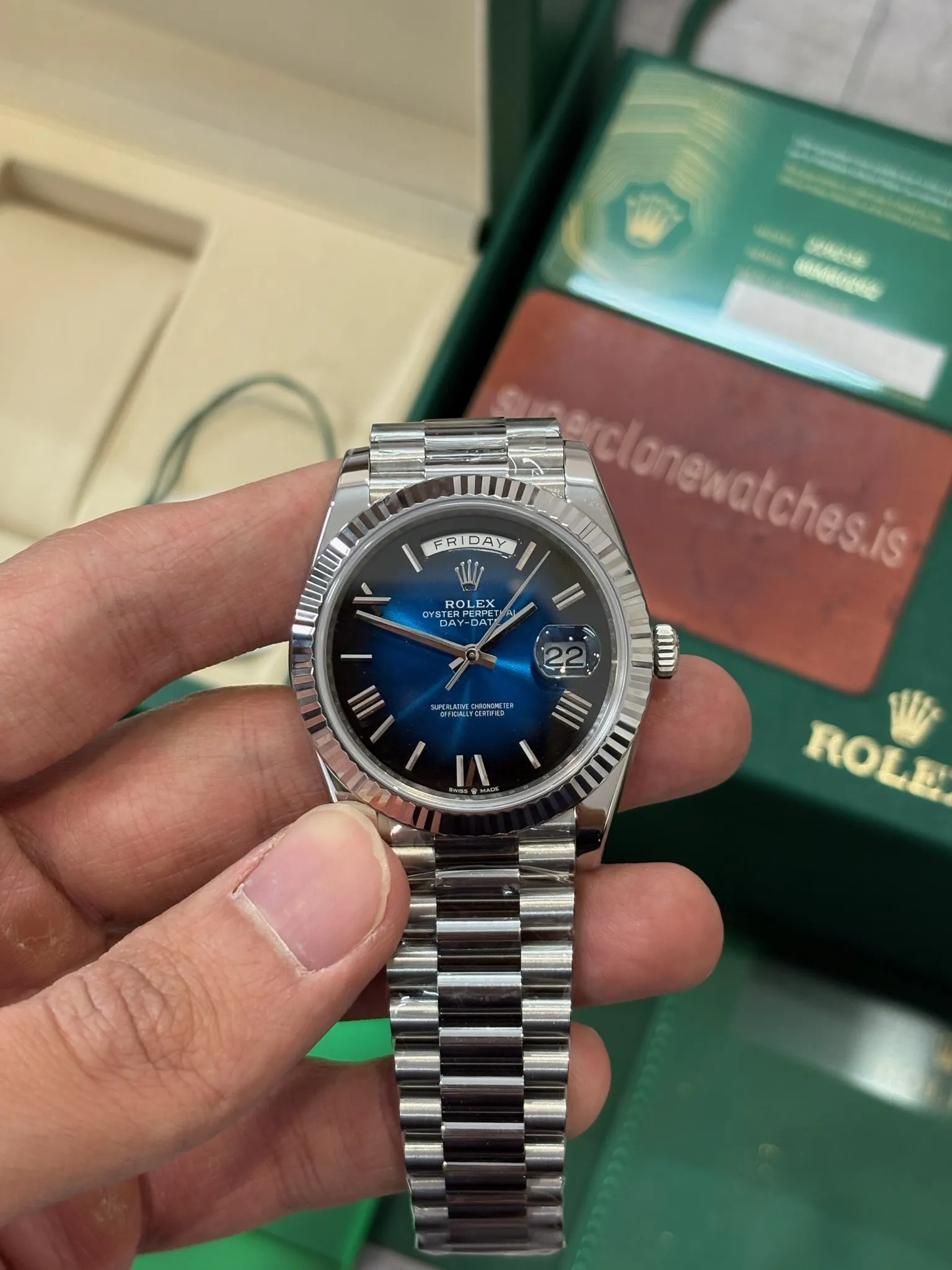 Super Rolex Day Date 40 Replica Blue Ombré 18k White Gold Plated Heavy Weight