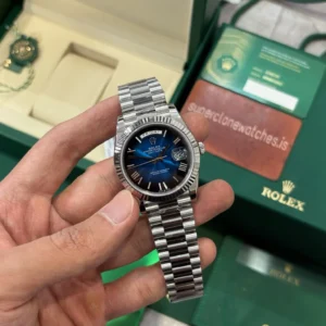Super Rolex Day Date 40 Replica Blue Ombré 18k White Gold Plated Heavy Weight